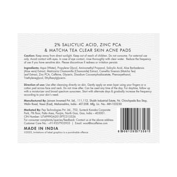 mCaffeine 2% Salicylic Acid Zinc Pca & Matcha Tea Clear Skin Acne Pads - mCaffeine