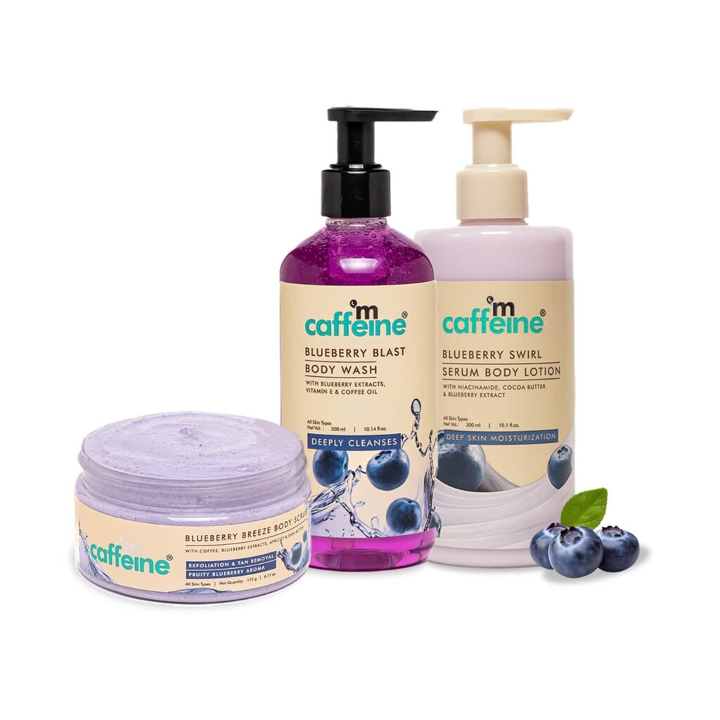 mCaffeine Blueberry Body Wash + Blueberry Body Scrub + Blueberry Serum Body Lotion Combo - mCaffeine