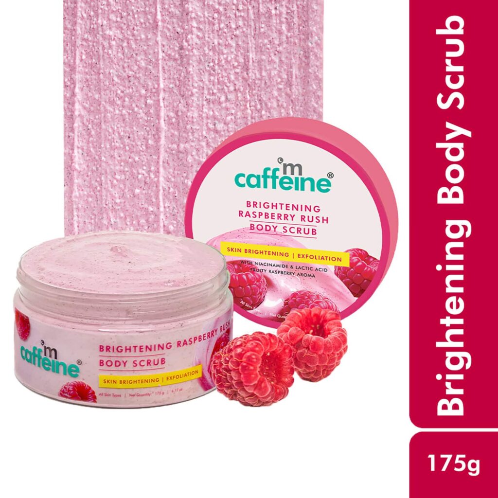 mCaffeine Brightening Raspberry Body Scrub, Tan Removal,AHAs-Lactic & Glycolic Acid,Vit C Rich (175 g) - mCaffeine