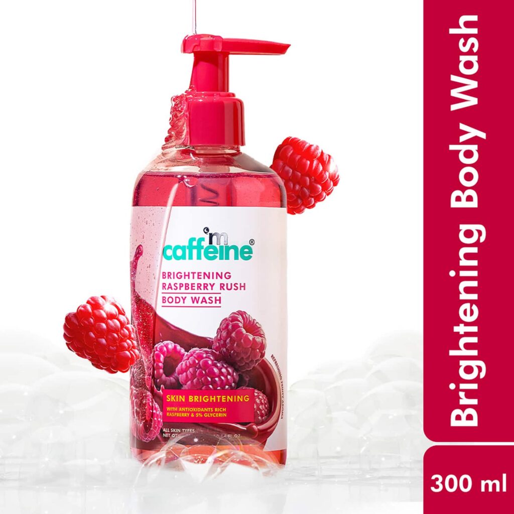 mCaffeine Brightening Raspberry Body Wash, Fruity Raspberry Aroma, Vitamin C Rich & 5% Glycerine (300 ml) - mCaffeine