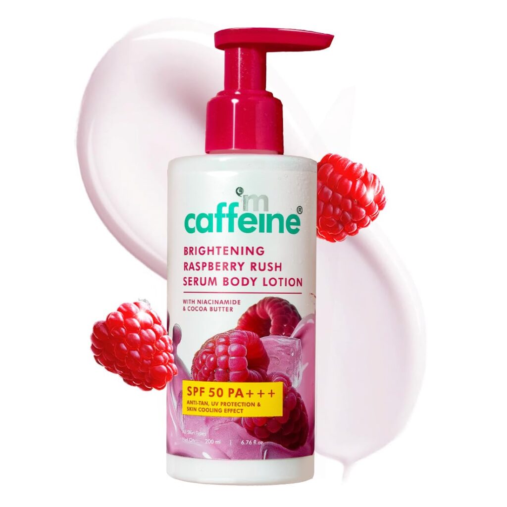 mCaffeine Brightening SPF 50 PA+++ Body Sunscreen Lotion | Instant Cooling, De-tan Body Lotion with Vitamin C Rich Raspberries & Niacinamide | Lightweight, Non-sticky Sun...