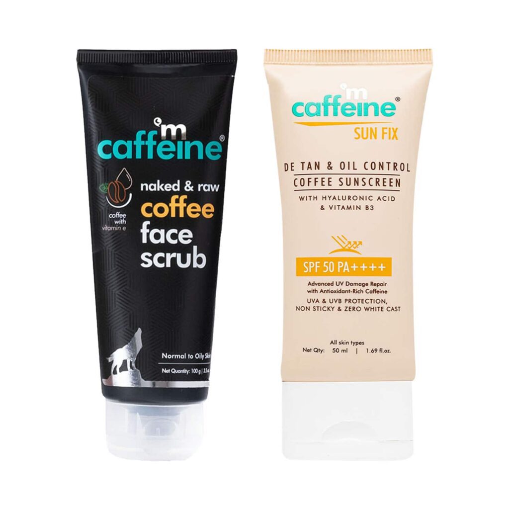 mCaffeine Cleanse Sun protect Combo - Naked & Raw Coffee Face Scrub & Detan & Coffee Sunscreen - mCaffeine