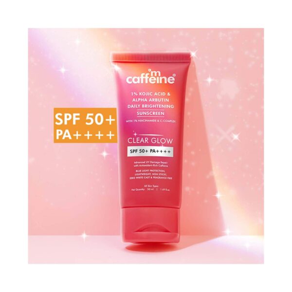 mCaffeine Clear Glow 1% Kojic Acid & Alpha Arbutin Brightening Sunscreen SPF 50 PA++++ (50 ml) - mCaffeine
