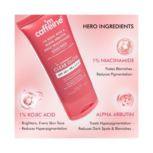 mCaffeine Clear Glow 1% Kojic Acid & Alpha Arbutin Brightening Sunscreen SPF 50 PA++++ (50 ml) - mCaffeine