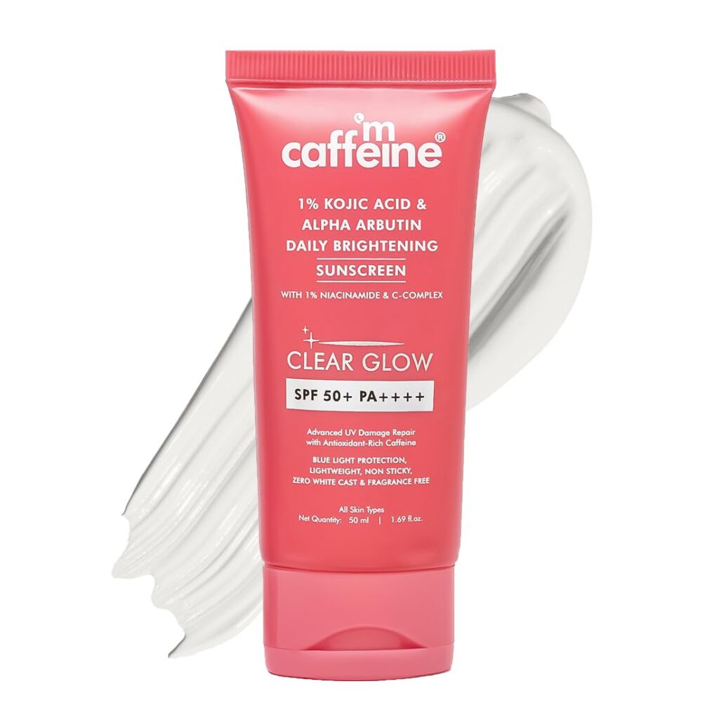 mCaffeine CLEAR GLOW 1% Kojic Acid & Alpha Arbutin Brightening Sunscreen SPF 50 PA++++ |Niacinamide-Dark Spots & Pigmentation| UVA-B Sun Protection|For Men & Women - 50ml For...