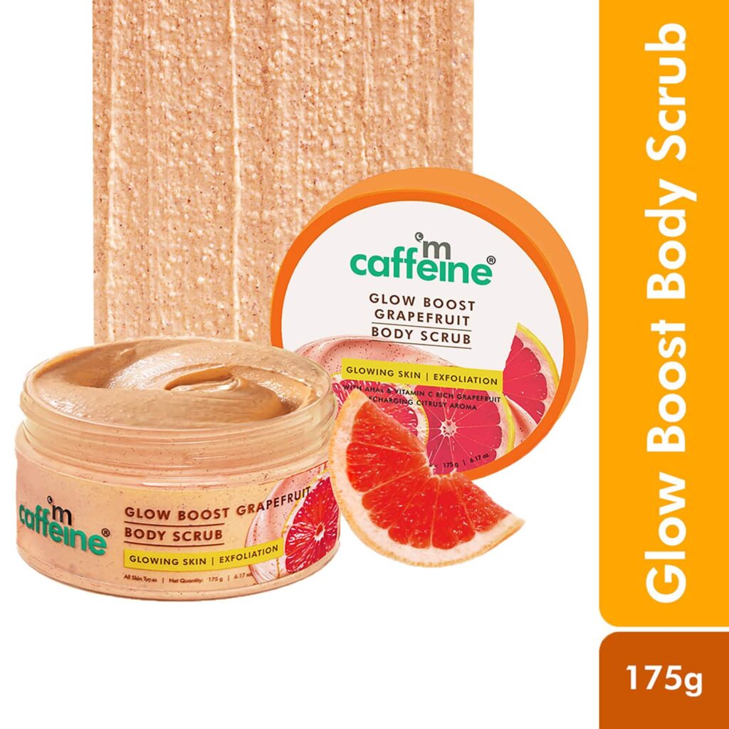 mCaffeine Glow Boost Grapefruit Body Scrub, Tan Removal,AHAs Lactic & Glycolic Acid, Vit C Rich (175 g) - mCaffeine