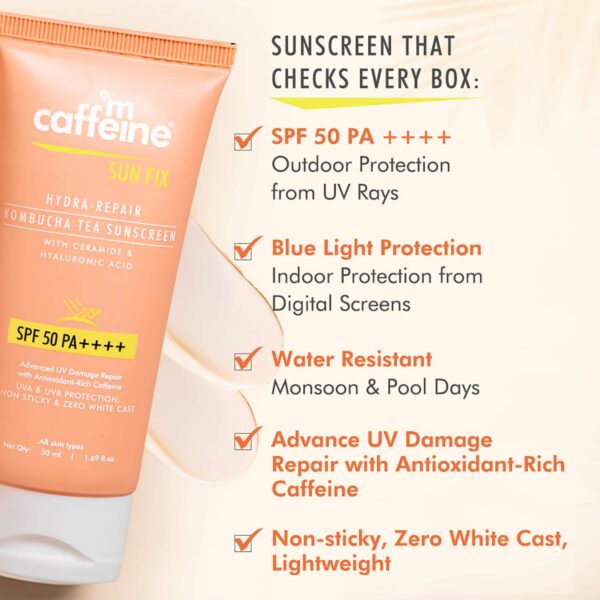 mCaffeine Hydra Repair Sunscreen SPF 50 PA++++ with Kombucha Tea UVA-UVB Protection & No White Cast - mCaffeine
