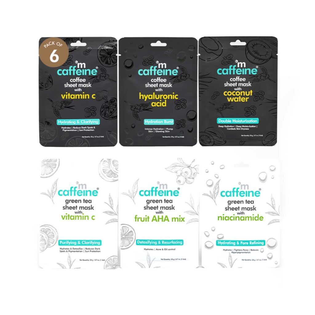 mCaffeine Hydrating & Clarifying Face Sheet Masks with Green Tea & Coffee (6Pcs) - mCaffeine