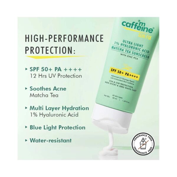 mCaffeine Sun Fix Ultra Light 1% Hyaluronic Acid Matcha Tea Sunscreen with SPF 50 PA++++ (50 ml) - mCaffeine