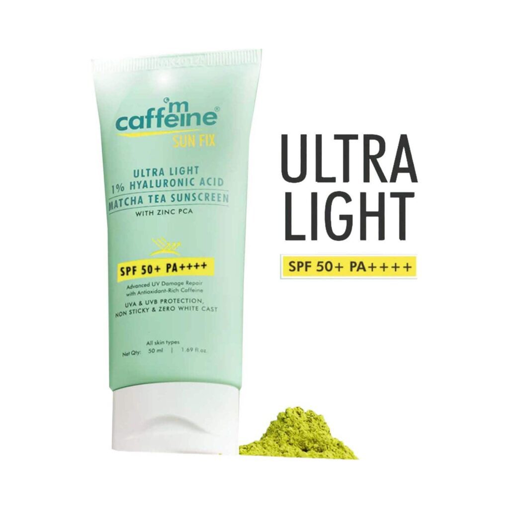 mCaffeine Sun Fix Ultra Light 1% Hyaluronic Acid Matcha Tea Sunscreen with SPF 50 PA++++ (50 ml) - mCaffeine