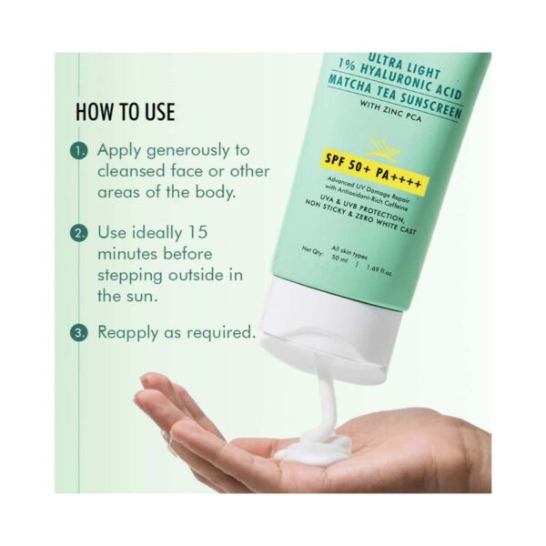 mCaffeine Sun Fix Ultra Light 1% Hyaluronic Acid Matcha Tea Sunscreen with SPF 50 PA++++ (50 ml) - mCaffeine