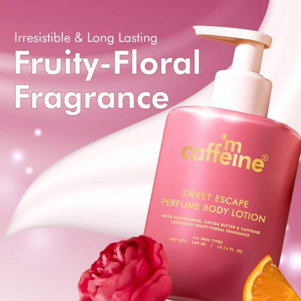 mCaffeine Sweet Escape Perfume Body Lotion with Niacinamide, Cocoa Butter,Fruity-Floral Fragrance (300 ml) - mCaffeine