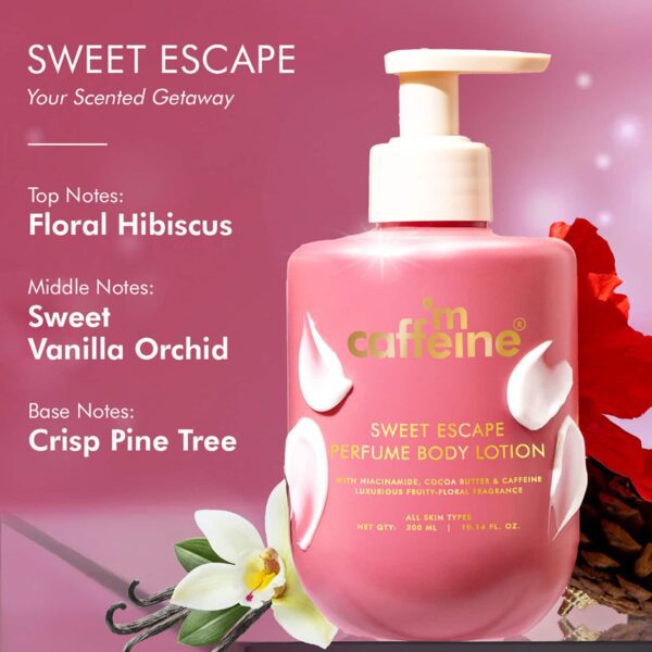 mCaffeine Sweet Escape Perfume Body Lotion with Niacinamide, Cocoa Butter,Fruity-Floral Fragrance (300 ml) - mCaffeine
