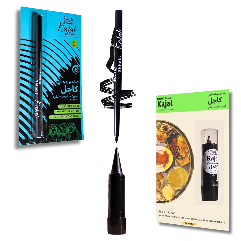 Meethi Shitabi Kajal, Natural Waterproof Black Eye Pencil and Stick, 24-Hour Smudge-proof, Double Pack