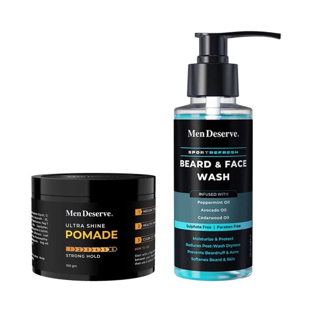 Men Deserve Sport Refresh Beard & Face Wash (100 ml) & Ultra Shine Pomade Strong Hold (100 g) Combo - Men Deserve