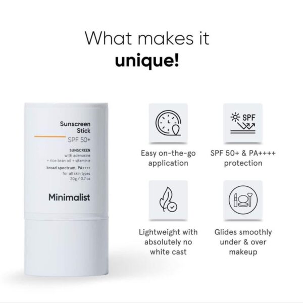 Minimalist SPF 50 Sunscreen Stick With Adenosine, Rice Bran Oil & Vitamin E Broad Spectrum PA++++ (20g) - Minimalist