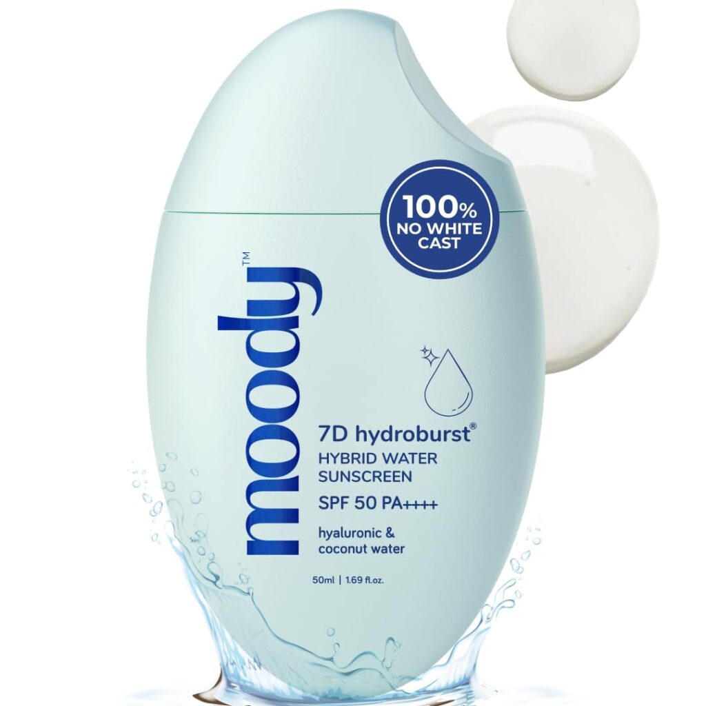 Moody Hydro Burst Water Sunscreen With Hyaluronic & SPF 50 PA ++++ UVA/B Protection | Brightening Sunscreen With No White Cast, Lightweight & Non Greasy | For Oily & Combination...