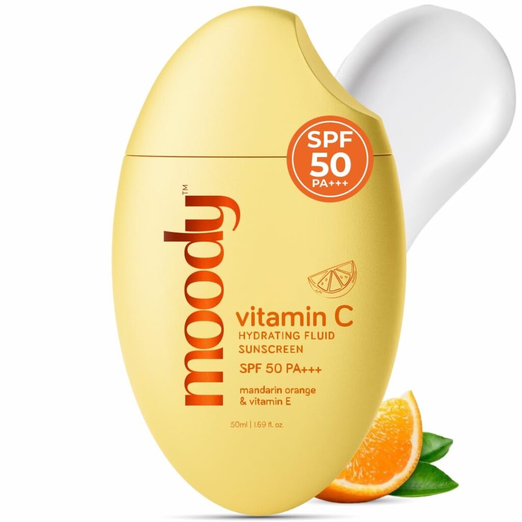 Moody SPF 50 PA+++ Vitamin C Sunscreen with UVA, UVB & Blue Light Protection for Glowing Skin| Long Lasting Hydration Lightweight | Non-Greasy, Quick-Absorbing | Zero White Cast...