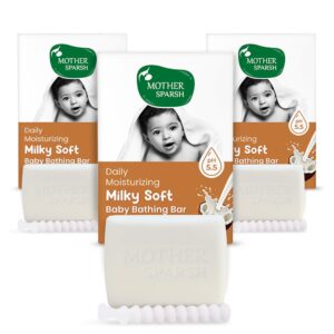 Mother Sparsh Moisturizing Milky Baby Bathing Soap Bar - 75g X 3 | pH 5.5 with Milk, Coconut Oil and Vitamin E, Prevents Dryness & Rashes