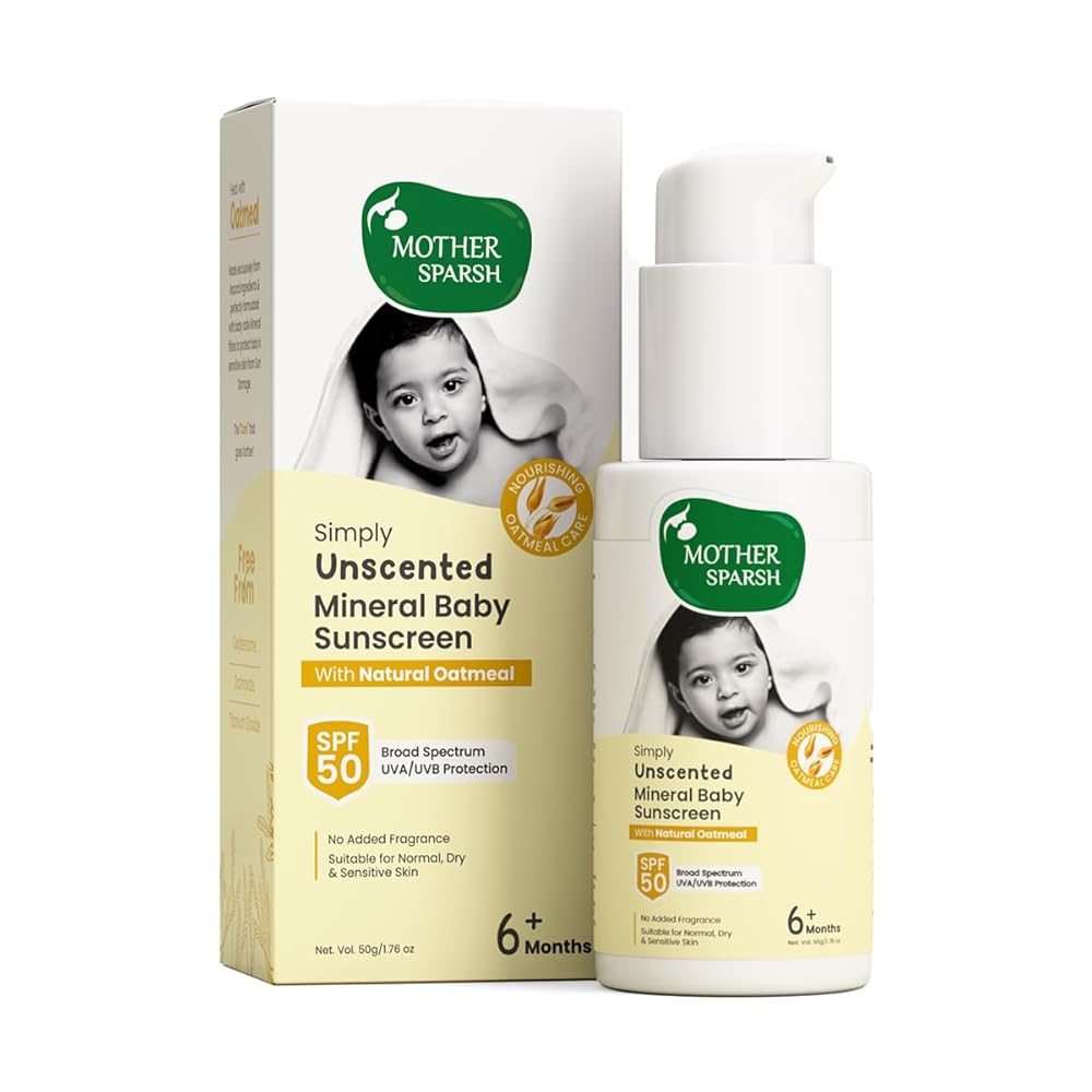 Mother Sparsh Simply Unscented Mineral Baby Sunscreen with Natural Oatmeal -50g, with SPF 50 & UVA/UVB Protection | Fragrance Free Sunscreen for Babies with Sensitive Skin