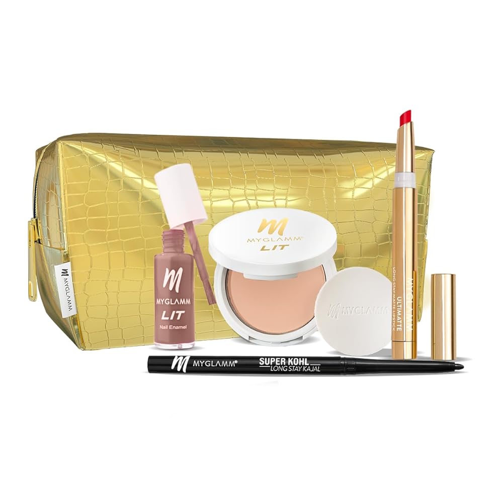 MyGlamm As Glamm As It Gets Makeup Pouch Kit (Pack of 4) | Full Makeup Set with Black Kohl Kajal, Compact Powder, Long Lasting Matte Lipstick & Nail Polish | Perfect Makeup Gift...