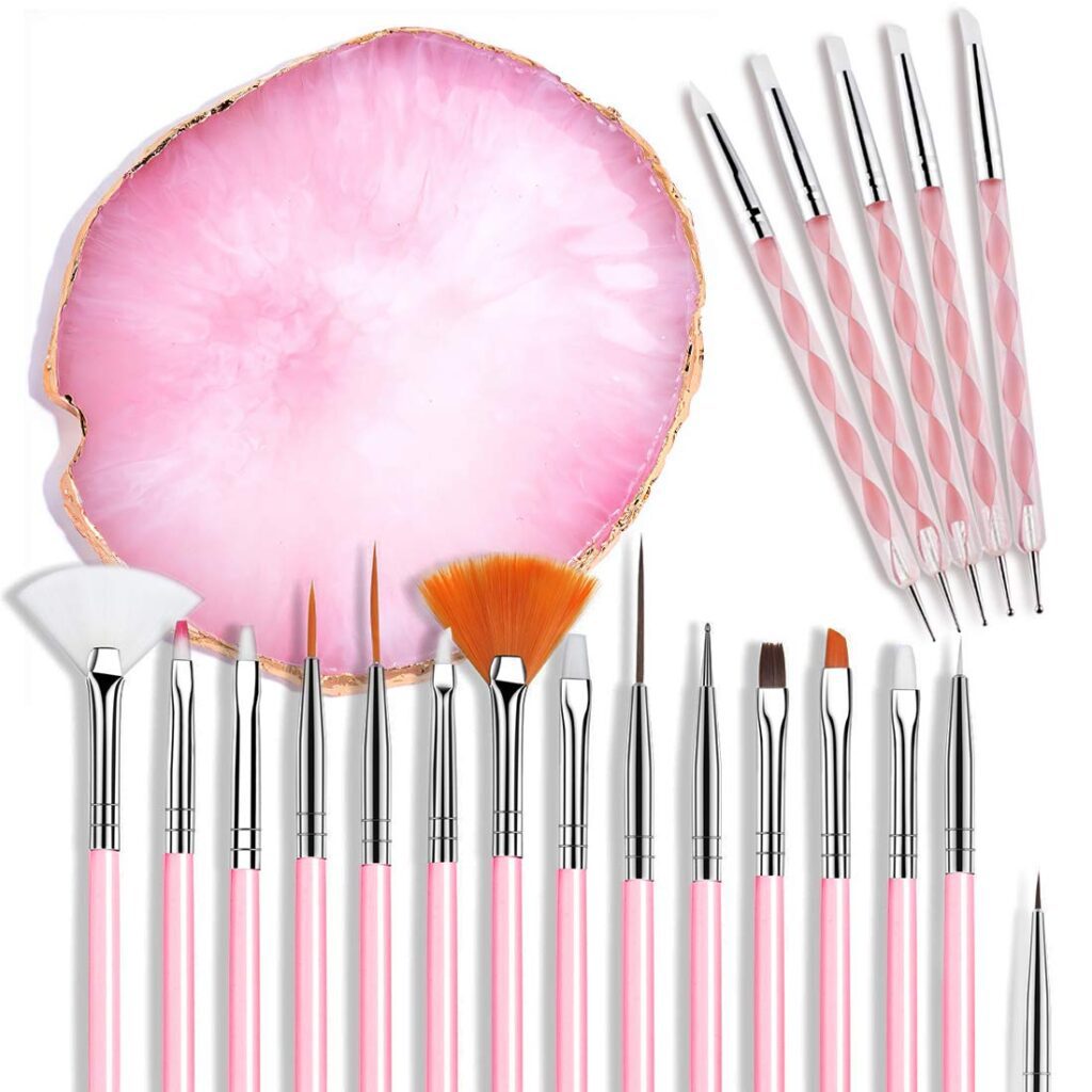 Nail Art Brushes Set, Resin Nail Art Painting Mixed Color Palette 2 Way Acrylic Silicone Carving Pen Dotting Pen Tool Manicure Kit DIY Brush Makeup Display Board for Home Salon