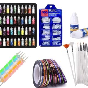 Nail Art Kit - 48 Pcs Glass Bottles Glitter Stones, 100 Nails,10 Nail Tapes, 15 Nail Art brush, 5 Nail Dotting Pen with 2 Glue (Nail Art Kit)