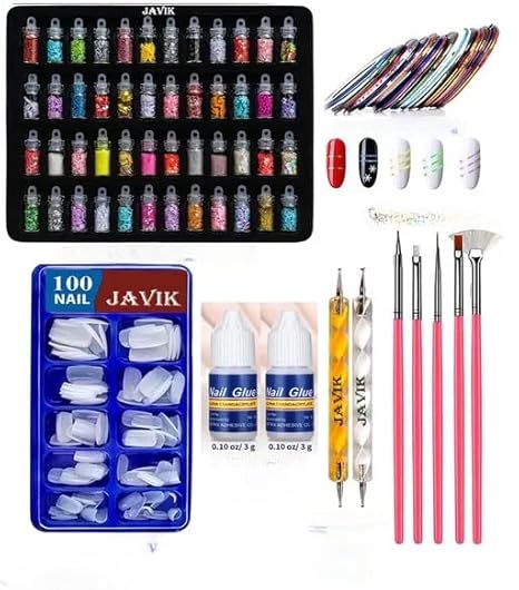 Nail Art Kit Combo, 48 Glass Bottles Glitter Stones, 100 Nails, 2 Nail Tapes, 5 Brushes, 2 Dotting Pens with Glue(code -700)