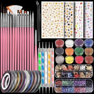 Nail Art Kit with Nail Glitter & Nail Sticker, Teenitor Nail Art Brushes for Beginners Nail Dotting Tool with Nail Gems Nail Art Striping Tape