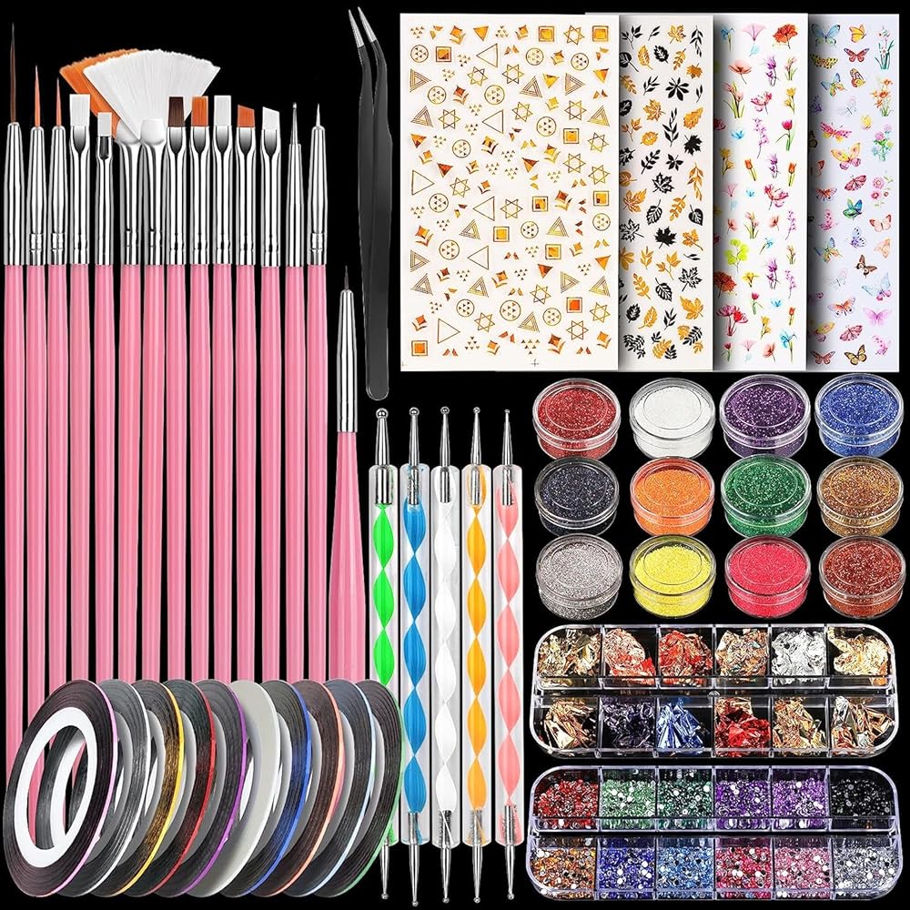 Nail Art Kit with Nail Glitter & Nail Sticker, Teenitor Nail Art Brushes for Beginners Nail Dotting Tool with Nail Gems Nail Art Striping Tape