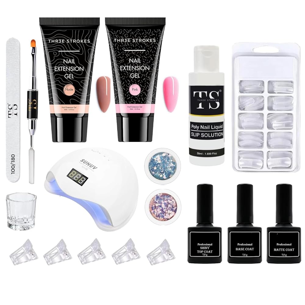 Nail Extention Polygel Kit WITH UV LAMP- TWO POLYGEL TUBES 30 ML SLIP SOLUTION DAPIN DISH 5 POLYCLIP 2 GLITTER FLAKES TOP COAT BASE COAT MATT COAT 100 POLYGEL MOULDS BUFFER...