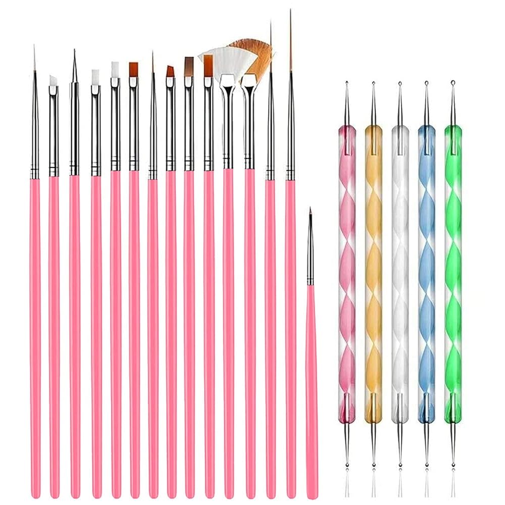 NAILWIND 20 pcs Nail Art Brushes, Nail Art Design Painting and Drawing UV Polish Brush Tool Kit, 15 pcs Nail Art Brushes Kit with 5 pcs Nail Dotting Pens, Multicolored