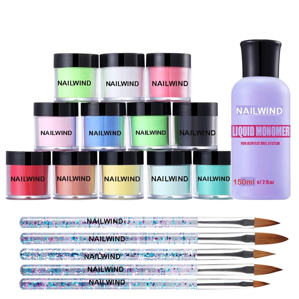NAILWIND Acrylic Nail extension kit, Nail Art Kit - 12 Color Acrylic Powder Set, 5 Pc Gel Brushes, 150ml Monomer Liquid