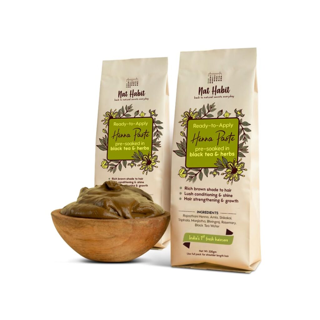 Nat Habit - Fresh Ready To Apply Henna Paste, Pre-Soaked in Black Tea and Herbs,100% Natural Rajasthani Henna, Imparts Rich Brown Shade (Pack of 2 x 220g)