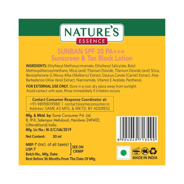 Nature's Essence Sunban SPF 30 Pa+++ Sunscreen & Tan Block Lotion (30ml) - Nature's Essence