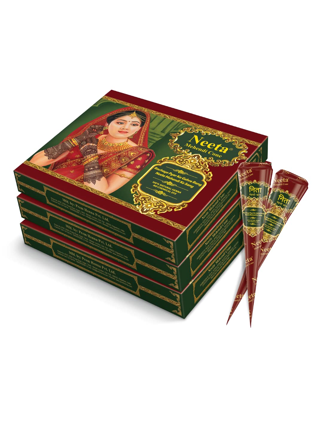 Neeta Mehendi Cones for Hand 12 Pcs in 1 Box (Pack of 3) Bridal Mehndi Cones Natural Mehendi Cone for Wedding, Hand Designing, Reddish Brown Color Long Lasting Niddle Cones for...