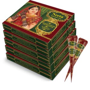 Neeta Mehendi Cones for Hand 12 Pcs in 1 Box (Pack of 5) Bridal Mehndi Cones Natural Mehendi Cone for Wedding, Hand Designing, Reddish Brown Color Long Lasting Niddle Cones for...
