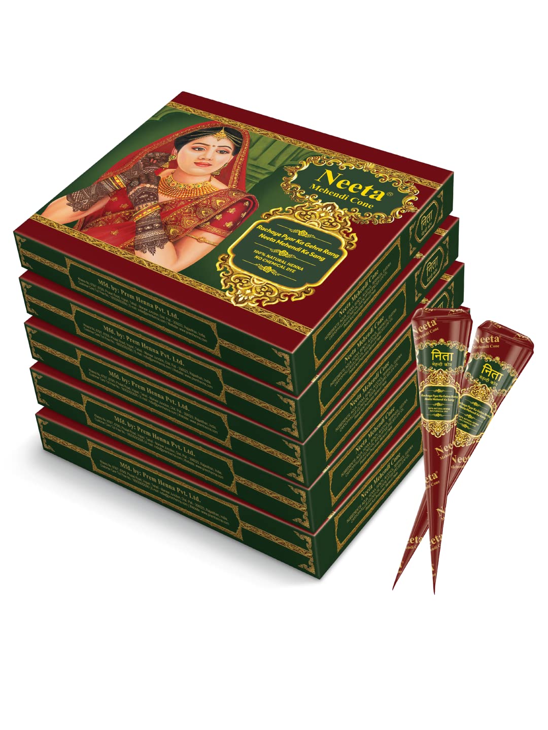 Neeta Mehendi Cones for Hand 12 Pcs in 1 Box (Pack of 5) Bridal Mehndi Cones Natural Mehendi Cone for Wedding, Hand Designing, Reddish Brown Color Long Lasting Niddle Cones for...