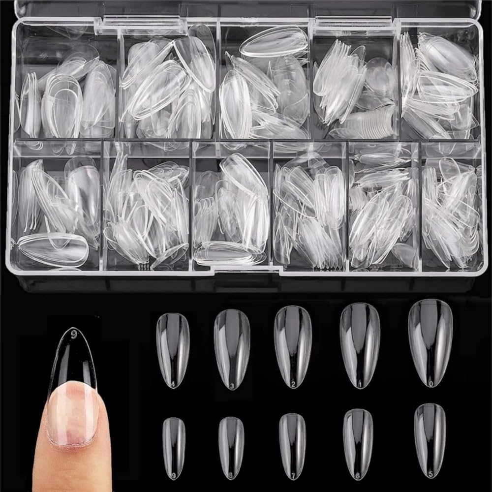 NEOUTH 500Pcs Medium Almond Fake Nail Tips Full Cover Clear Acrylic Nails, Press on False Nail with Case for Nail Salons and DIY Nail Art, 10 Sizes (Clear)