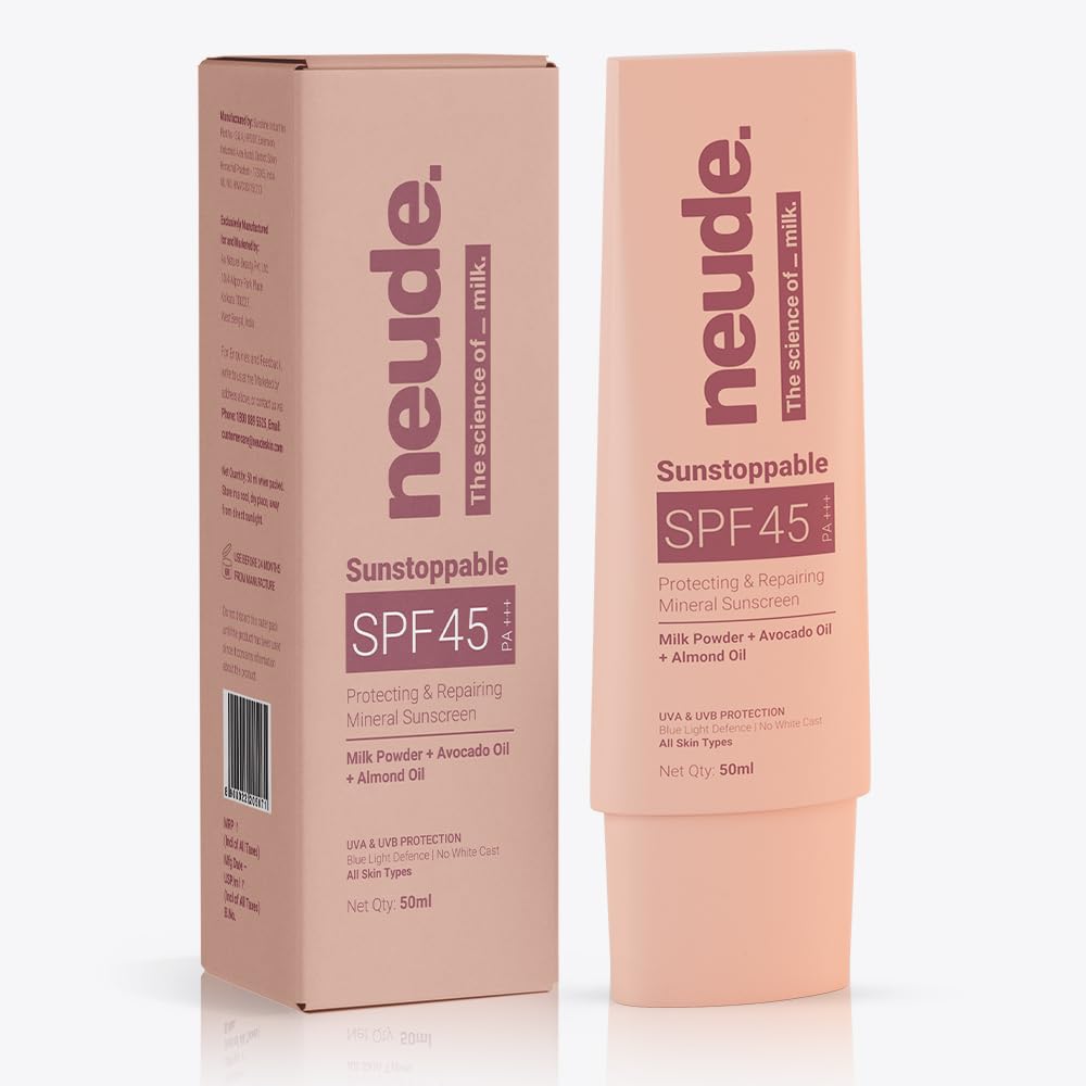 Neude SPF 45 Sunscreen 50 ml PA+++ No White Cast with Milk, Zinc Oxide and Avocado Oil, Broad-Spectrum Daily Moisturizer for Men and Women Blue Light Protection Repairing...