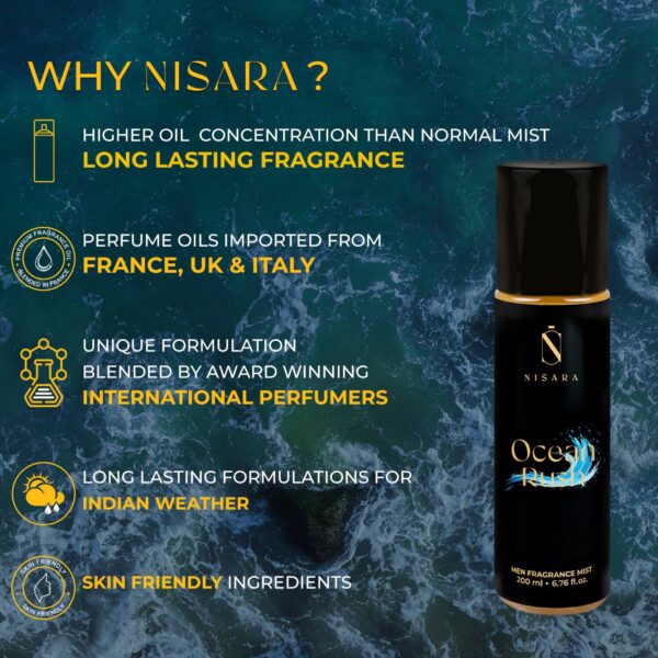 Nisara Ocean Rush Long Lasting Aromatic Fougere Fragrance Body Mist for Men (200 ml) - Nisara