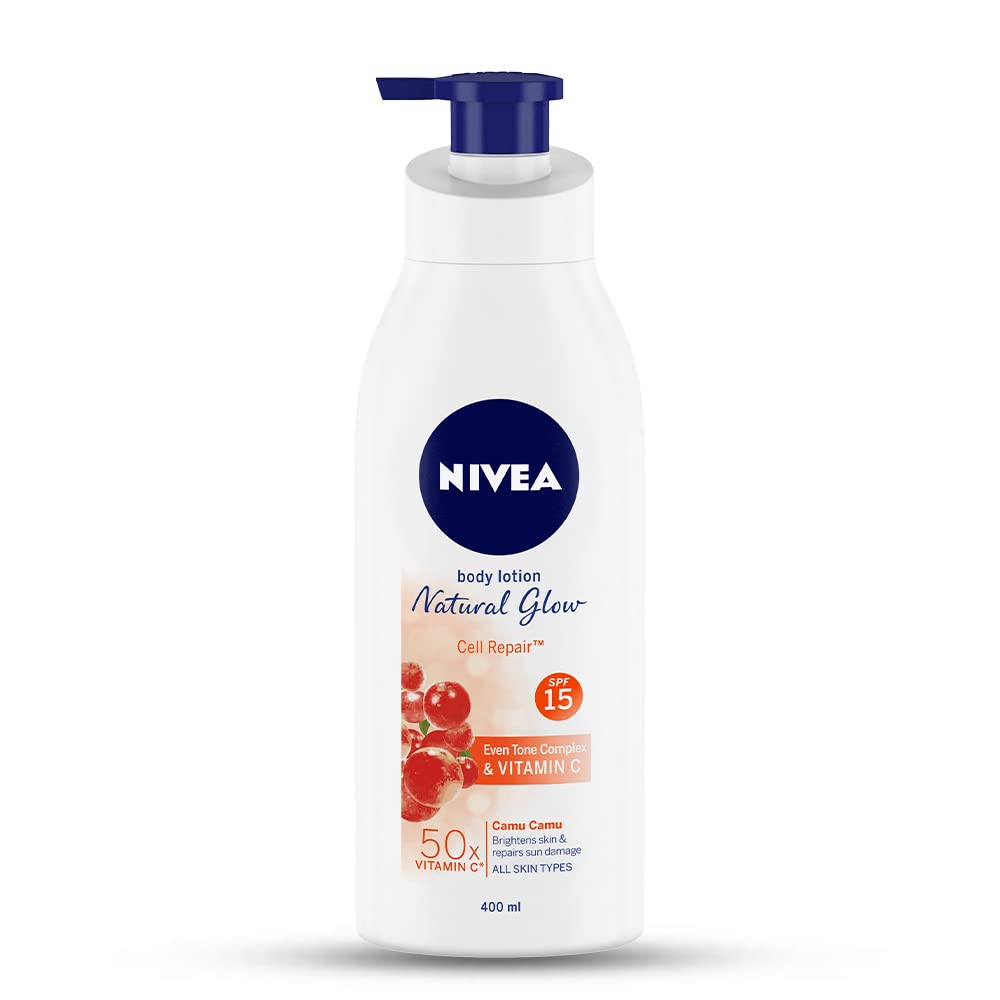 NIVEA Body Lotion Natural Glow, Cell Repair with UVA/UVB filters and SPF 15 | 50X Vitamin C for Even Skin Tone| Light MOISTURISING, non-greasy formula with an instant cooling...