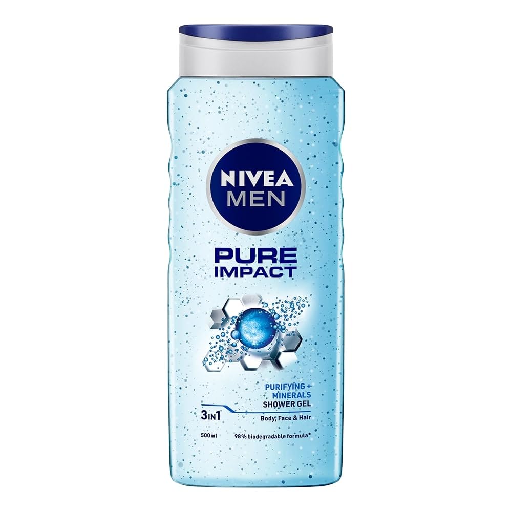 NIVEA MEN Pure Impact Shower Gel, 500ml, (Hair, Face & Body Wash)