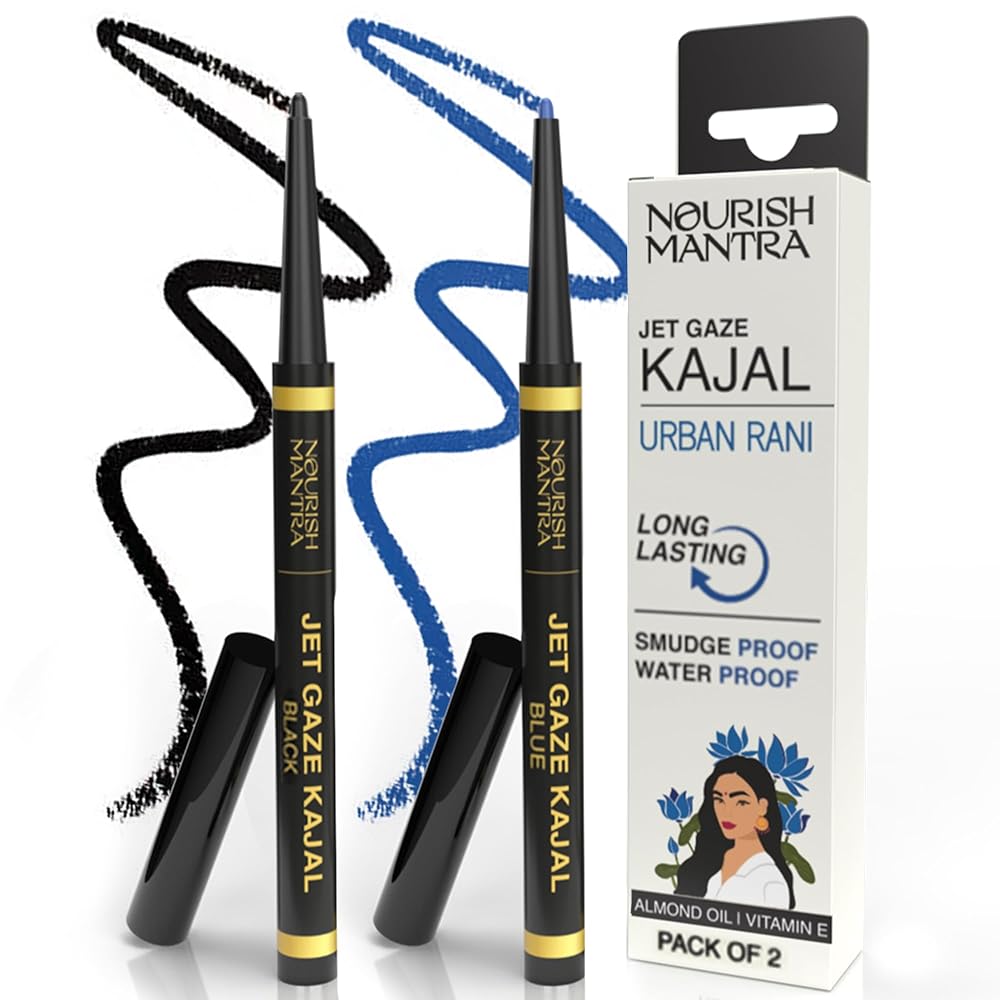 Nourish Mantra’s Jet Gaze Kajal Urban Rani - Combo - Black & Blue 0.35g/ Made Argan Oil & Vitamin E/Intense Pigmentation/Long Lasting/Retractable Kajal Pencils