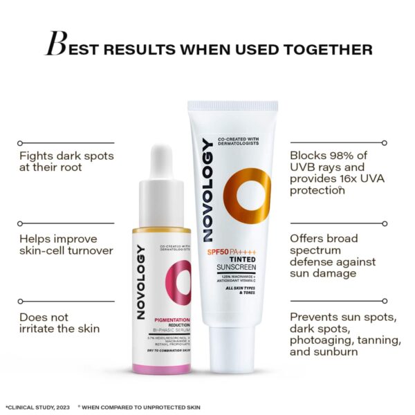 Novology Bi-Phasic Hyper Pigmentation Serum + SPF 50 PA++++ Tinted Sunscreen Combo - Novology