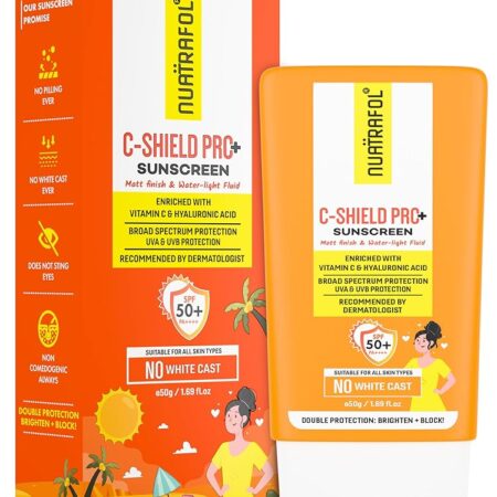 Nuatrafol Vitamin C-Shield Pro+ Sunscreen | SPF 50 PA++++ | Matte Finish & Water-Light Fluid | With 10% Vitamin C, 1% Hyaluronic Acid & 1% Ceramide | No White Cast | Broad...