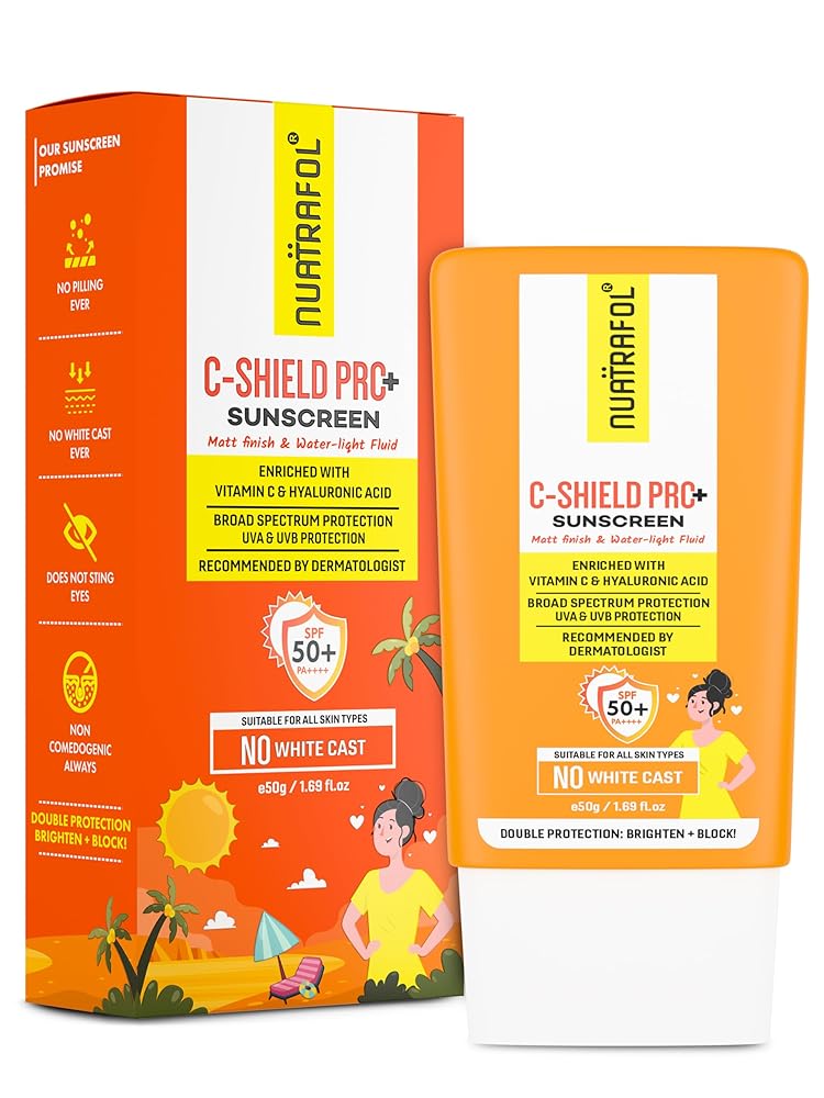 Nuatrafol Vitamin C-Shield Pro+ Sunscreen | SPF 50 PA++++ | Matte Finish & Water-Light Fluid | With 10% Vitamin C, 1% Hyaluronic Acid & 1% Ceramide | No White Cast | Broad...