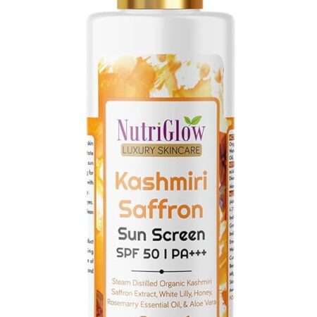 NutriGlow Kashmiri Saffron Sunscreen SPF50 PA+++ with Aloe Vera Extract, Sweat Resistant & Non-Sticky, UV A & UV B Blue Light Protection, for Men & Women, Suitable for Oily,...