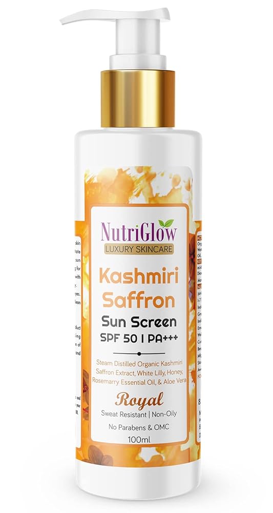 NutriGlow Kashmiri Saffron Sunscreen SPF50 PA+++ with Aloe Vera Extract, Sweat Resistant & Non-Sticky, UV A & UV B Blue Light Protection, for Men & Women, Suitable for Oily,...