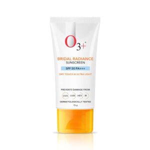 O3+ Bridal Radiance Sunscreen SPF 50 PA +++ Dry Touch & Ultra Light Non-greasy and leaves no white cast Prevents Damage From UVA | UVB | HEV | IR | Dermatologist Tested | 75g